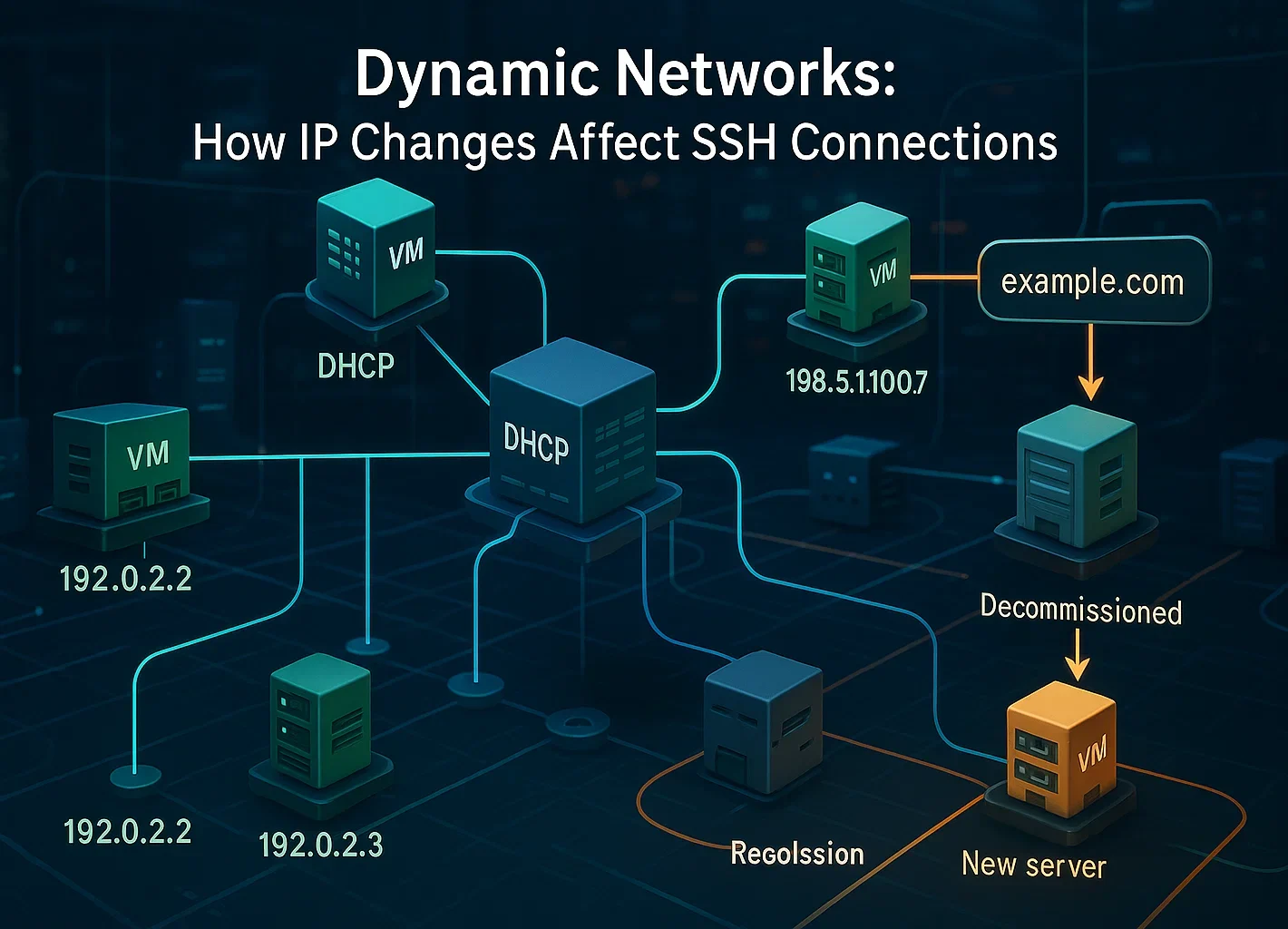 Network diagram showing a DHCP server assigning dynamic IP addresses to virtual machines, with server decommissioning and reissuing causing SSH host key conflicts.