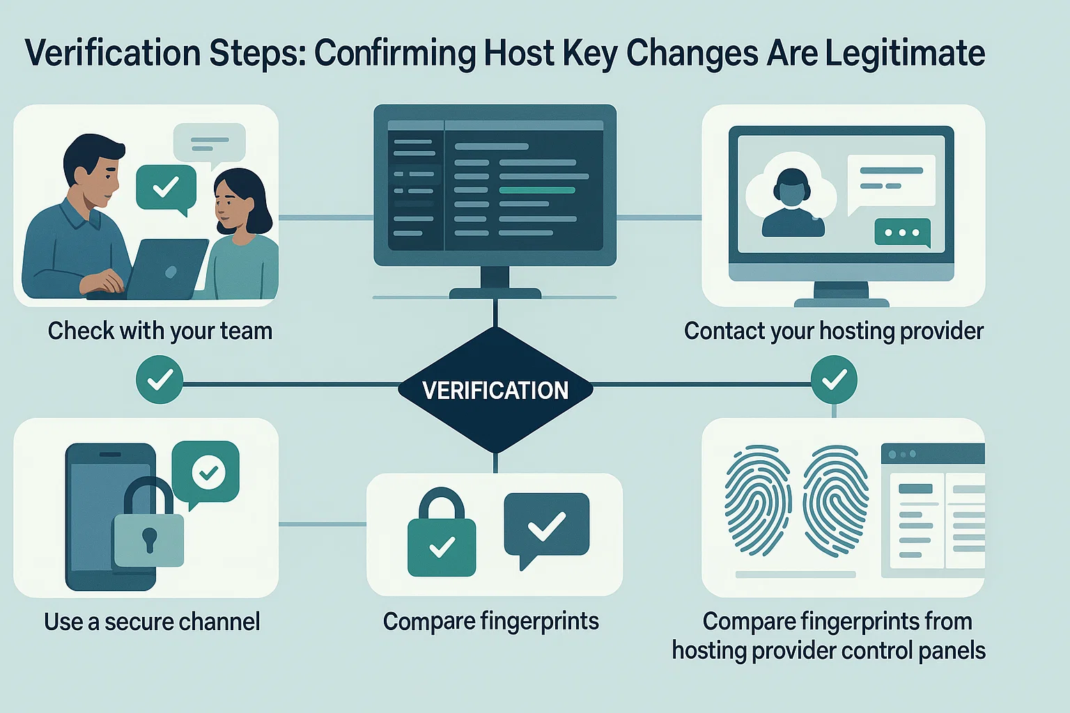 Flowchart showing five verification methods for confirming legitimate SSH host key changes, including team consultation, hosting provider contact, secure channels, and fingerprint comparison.
