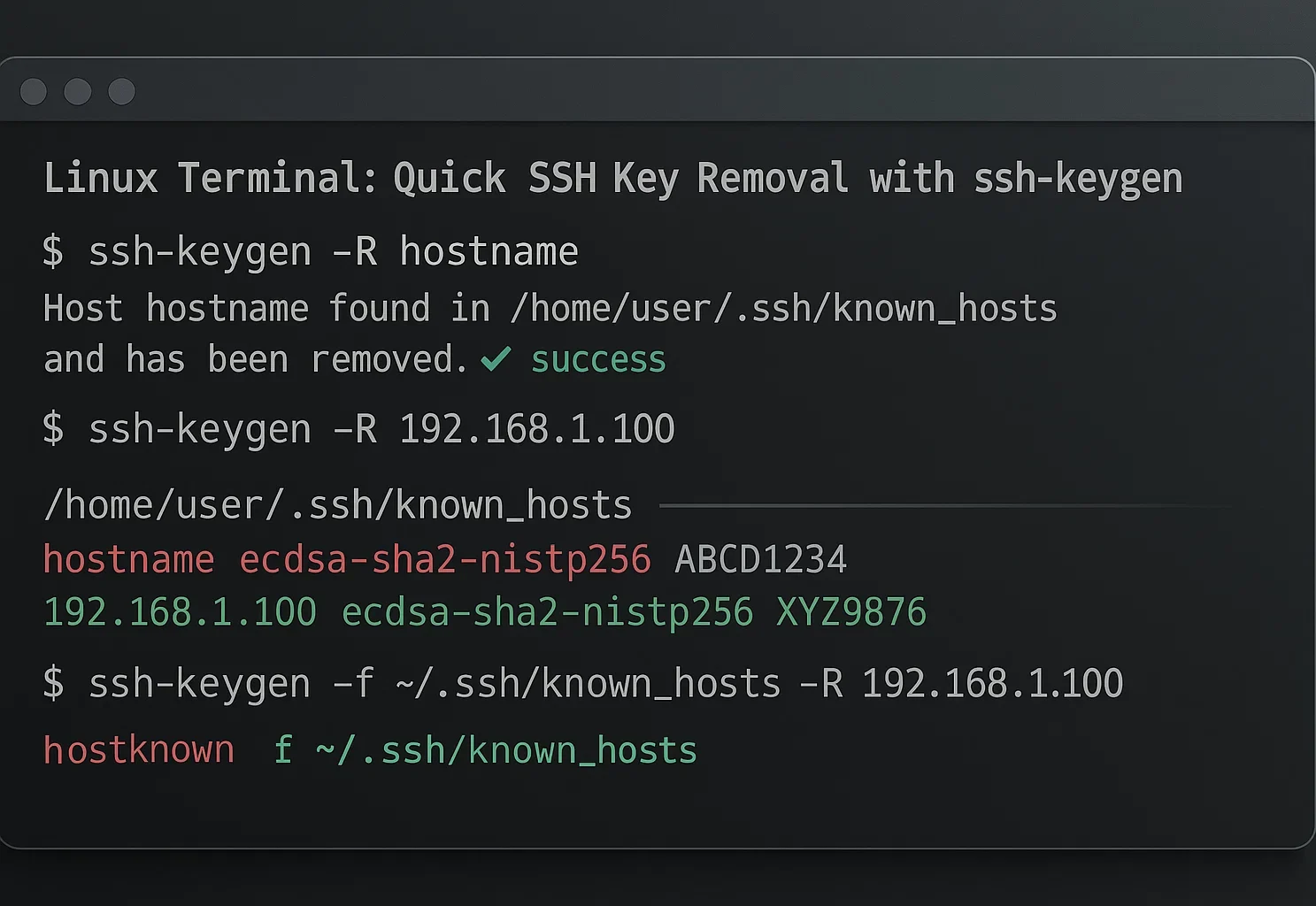 9 1 e1773306303790 Linux terminal showing ssh-keygen commands to remove SSH host keys by hostname and IP address, with success confirmation and known_hosts file examples.
