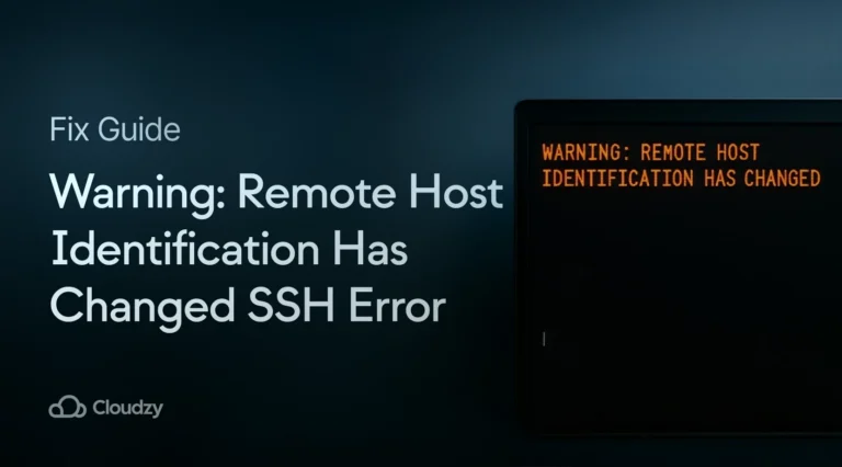 Terminal window displaying SSH warning message about remote host identification change, with Fix Guide title and Cloudzy branding on dark teal background.