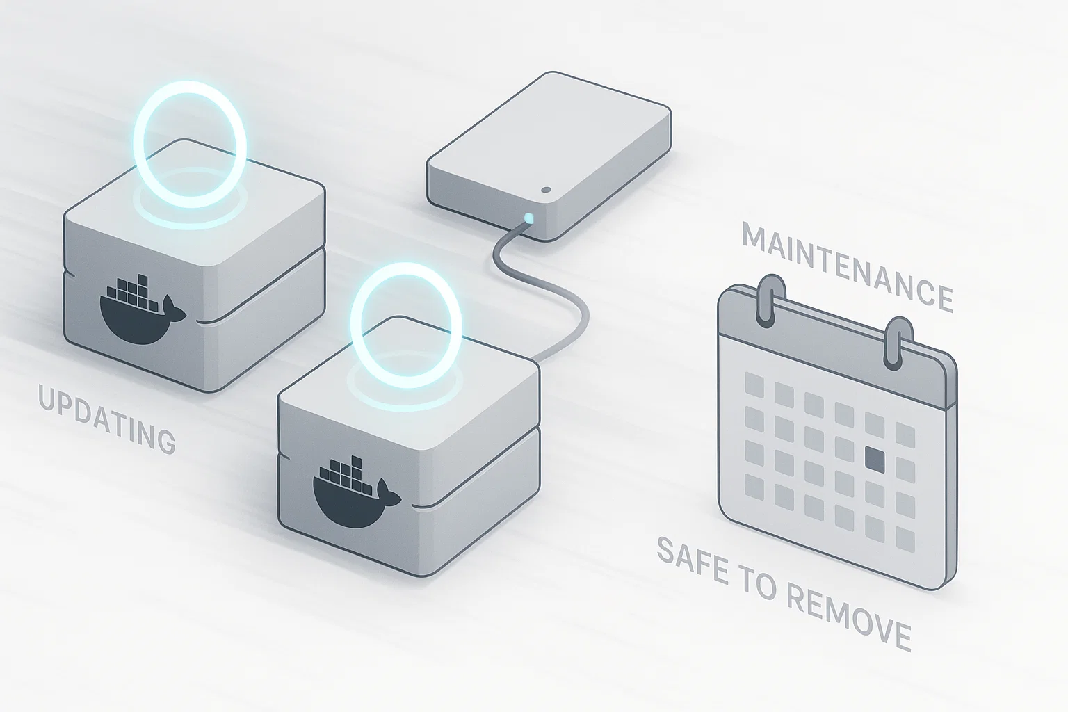 10 Docker containers updating with backup drive connected and calendar marked "safe to remove" for Bitwarden maintenance.