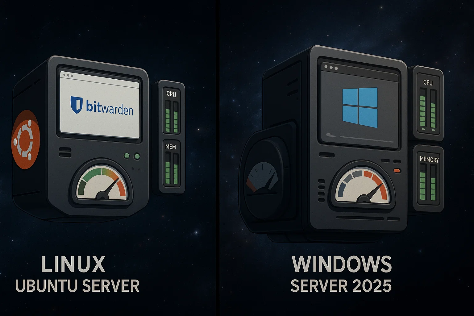 11 Stylized retro servers comparing Bitwarden performance on Ubuntu (low resource use) vs Windows Server 2025 (higher usage).