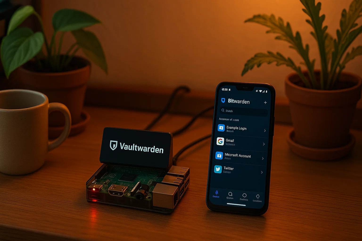 12 Raspberry Pi running self-hosted Vaultwarden next to smartphone displaying Bitwarden app with synced passwords.