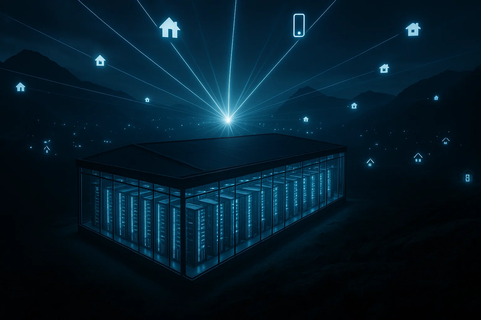 2 Futuristic data center with glowing server racks emitting light beams connecting to home and device icons, representing self-hosted synchronization.