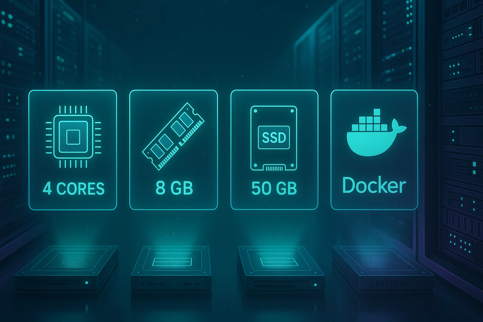 4 Glowing holographic icons showing minimum VPS specs for Bitwarden: 4-core CPU, 8GB RAM, 50GB SSD, Docker support.