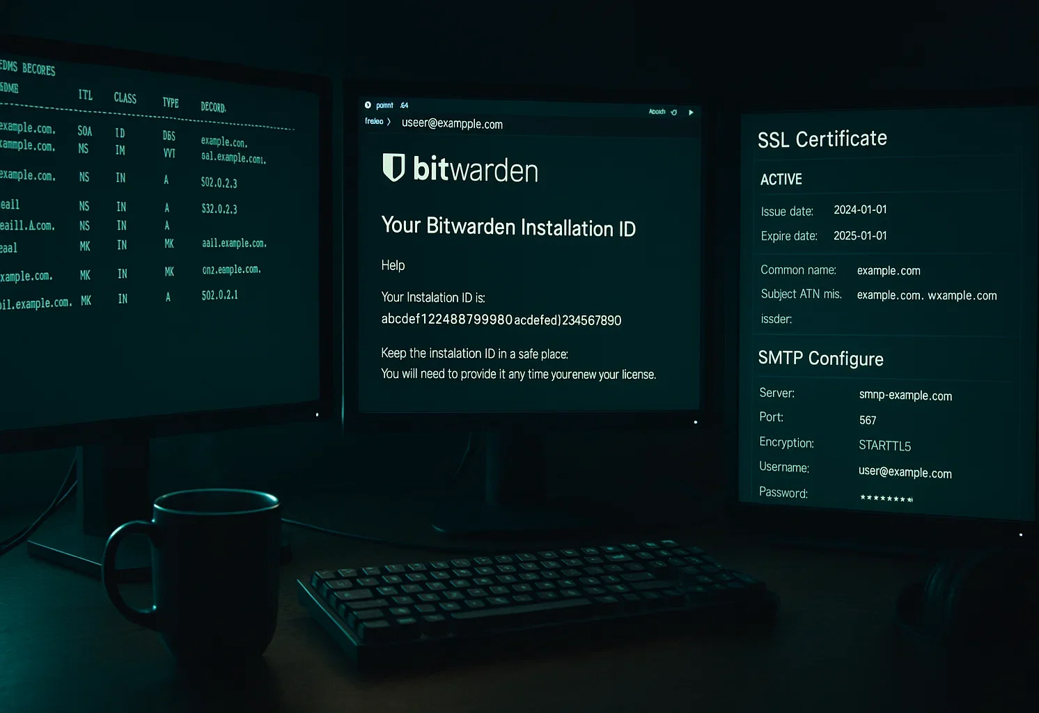 5 e1770645800652 Multiple monitors displaying Bitwarden installation ID, active SSL certificate, SMTP config, and DNS records on a dark desk setup.