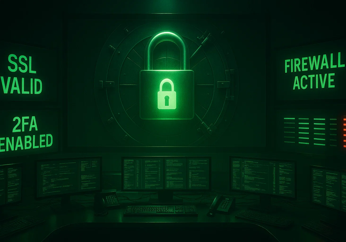 9 e1770645373573 Glowing green padlock on vault door with screens showing SSL valid, 2FA enabled, and firewall active in security control room.