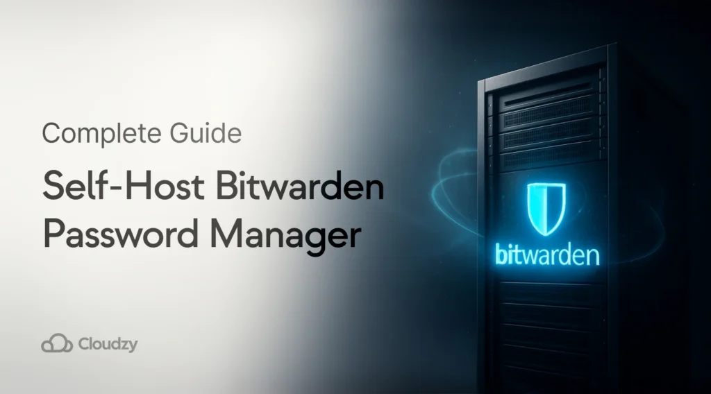 Promotional banner for self-hosting Bitwarden password manager, featuring a glowing server rack with Bitwarden logo and shield icon.