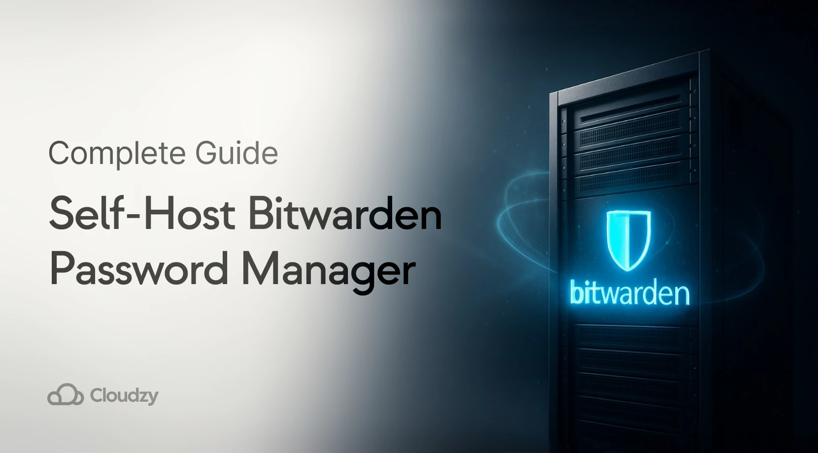 Promotional banner for self-hosting Bitwarden password manager, featuring a glowing server rack with Bitwarden logo and shield icon.
