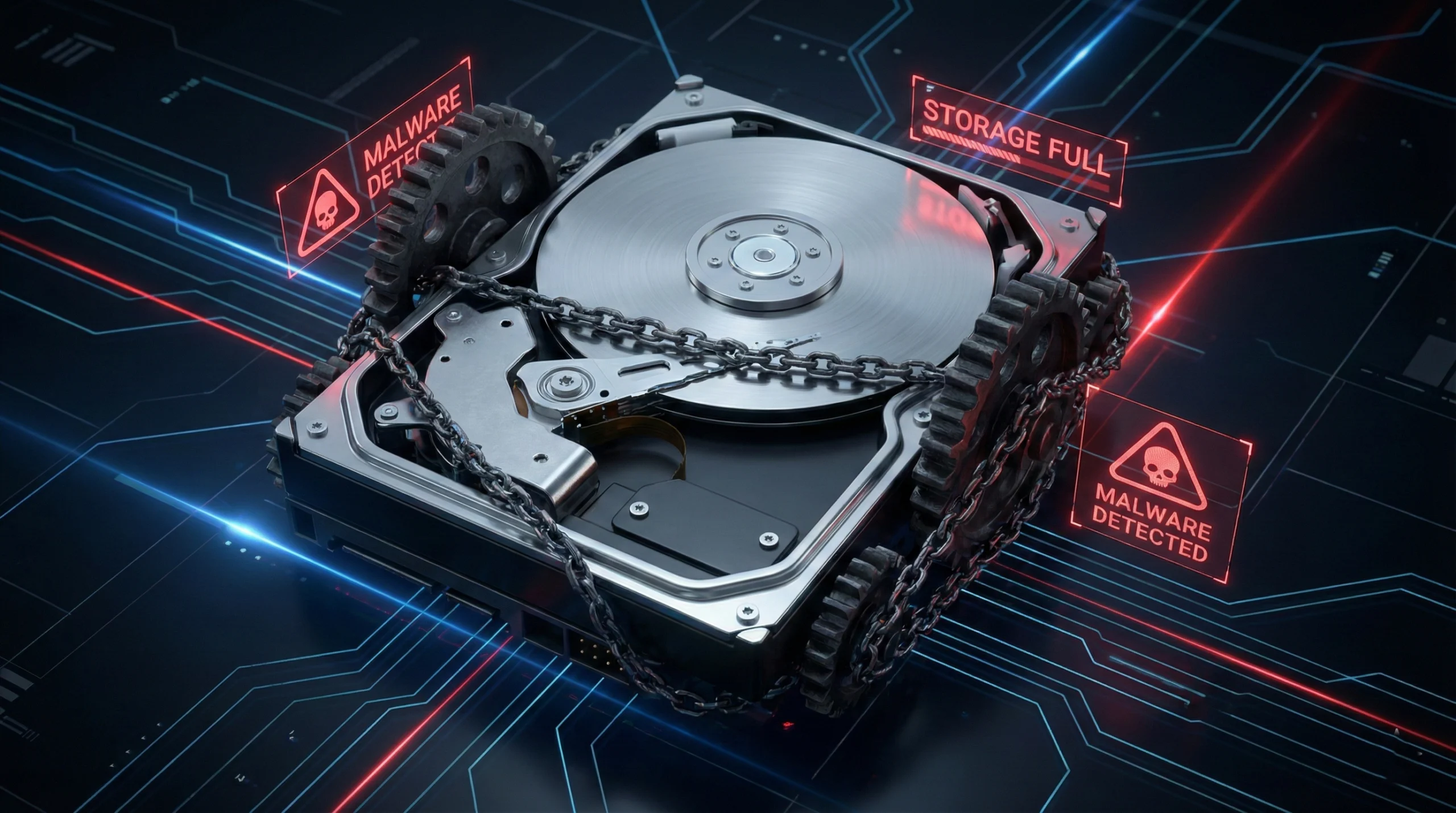 windows 10 slowdowns scaled Conceptual image showing common causes for Windows 10 slowdowns like malware and full hard drives.