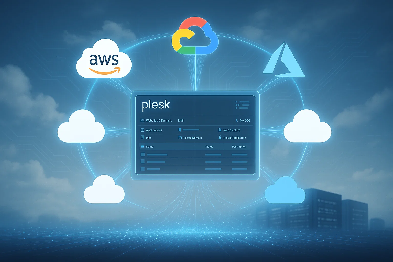 Install Plesk on Windows and Linux: A Step-by-Step Guide 10 Plesk control panel interface connected to major cloud providers, including Amazon AWS, Google Cloud, and Microsoft Azure, through glowing data streams and network connections