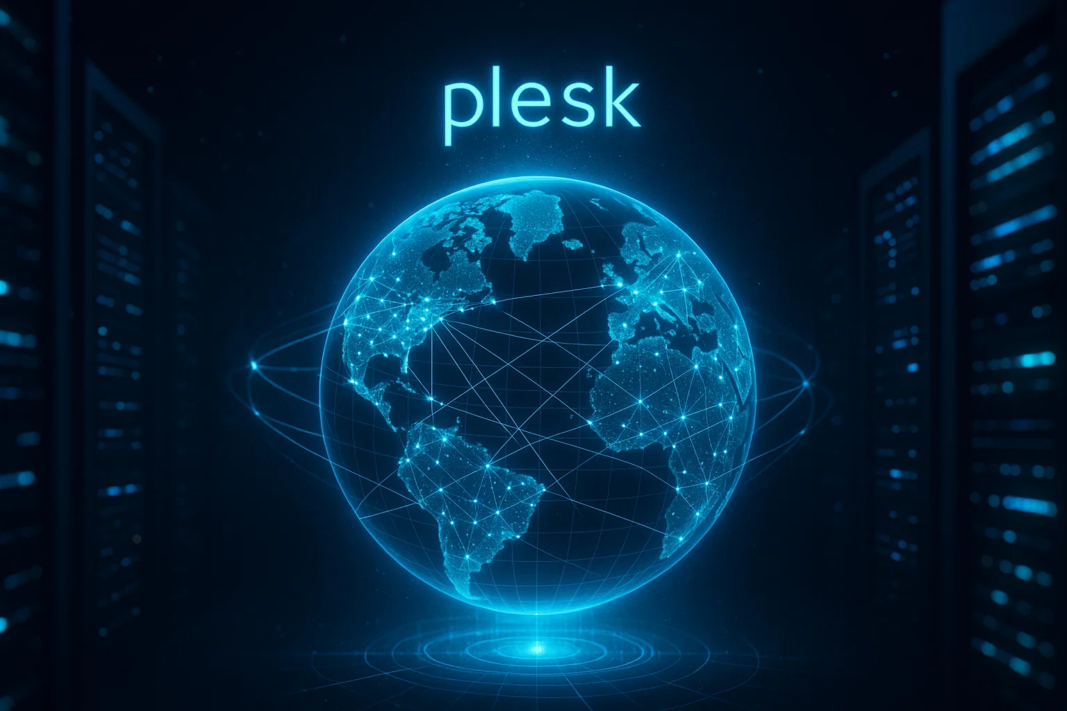 Install Plesk on Windows and Linux: A Step-by-Step Guide 8 Holographic globe showing Plesk global network with connection points across continents representing 11 million websites connected through digital infrastructure with glowing blue lines