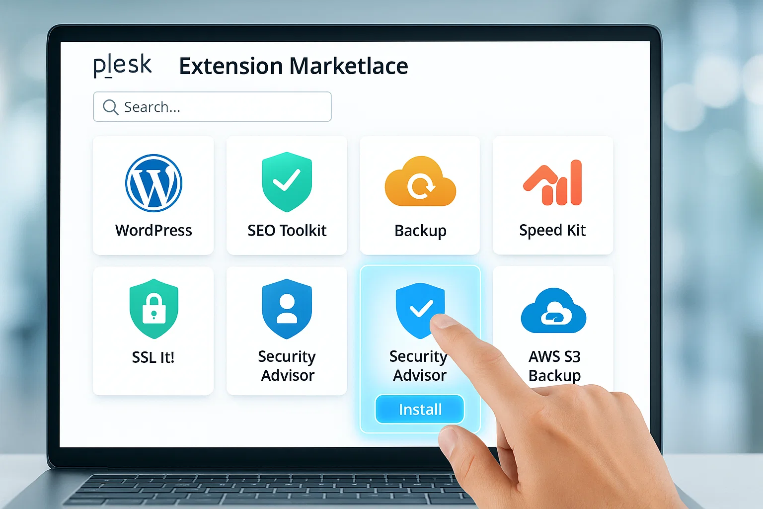 Install Plesk on Windows and Linux: A Step-by-Step Guide 9 Plesk Extension Marketplace interface displaying plugin icons including WordPress, SEO Toolkit, Backup, Security Advisor, and AWS S3, with hand hand-selected install button