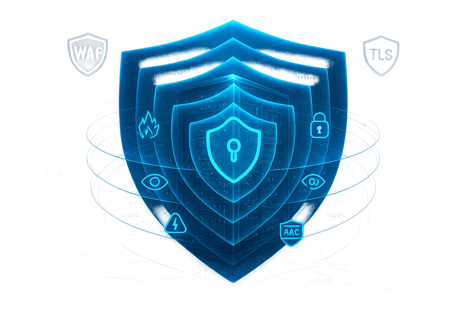 Install Plesk on Windows and Linux: A Step-by-Step Guide 11 Multiple-layered security shields showing Plesk multi-level protection system with WAF, TLS, encryption locks, monitoring eyes, and security protocol icons in blue gradient