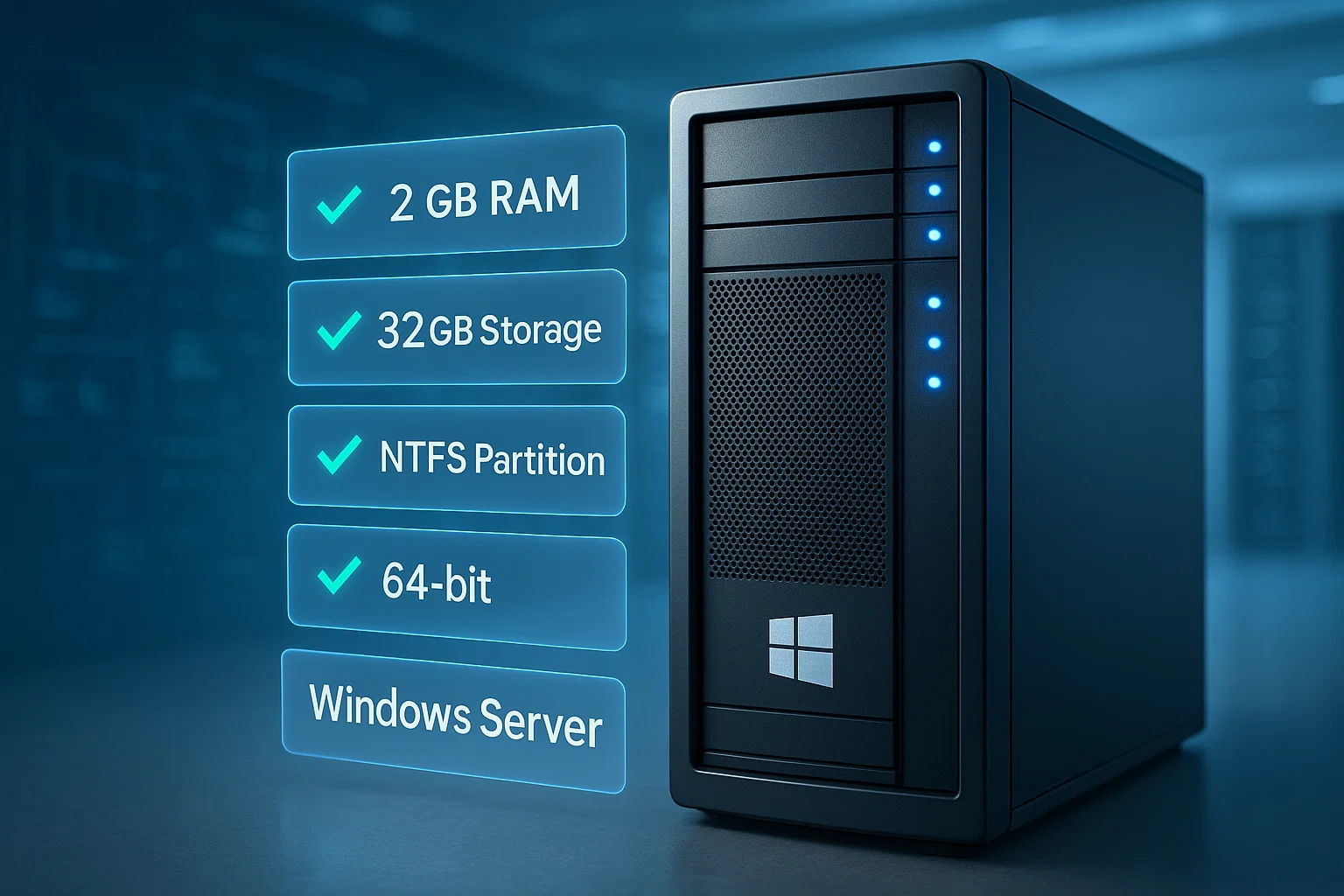Install Plesk on Windows and Linux: A Step-by-Step Guide 12 Windows Server tower with holographic system requirements checklist showing 2GB RAM, 32GB storage, NTFS partition, and 64-bit specifications with blue LED indicators