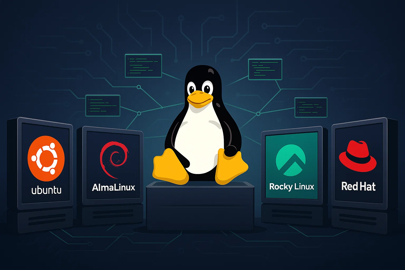 Install Plesk on Windows and Linux: A Step-by-Step Guide 13 Tux Linux penguin mascot surrounded by distribution logos, including Ubuntu, AlmaLinux, Rocky Linux, and Red Hat, with network connections and terminal windows