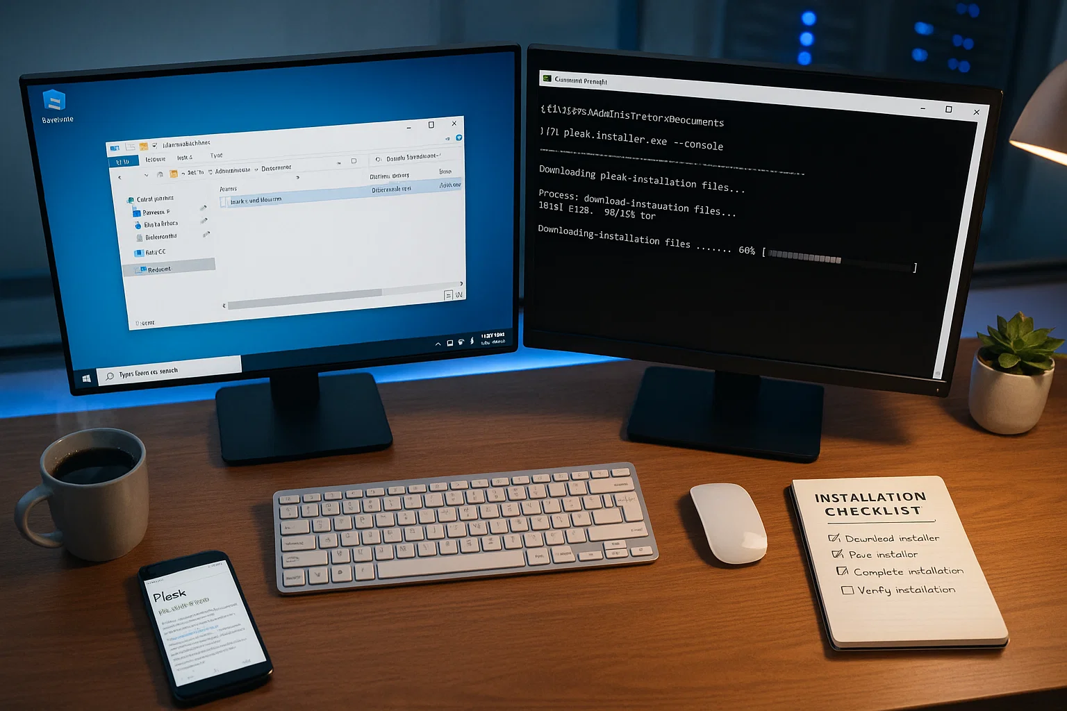 Install Plesk on Windows and Linux: A Step-by-Step Guide 14 Dual monitor workspace showing Windows file explorer and Command Prompt running Plesk installer with installation checklist, coffee cup, and professional IT administrator desk setup