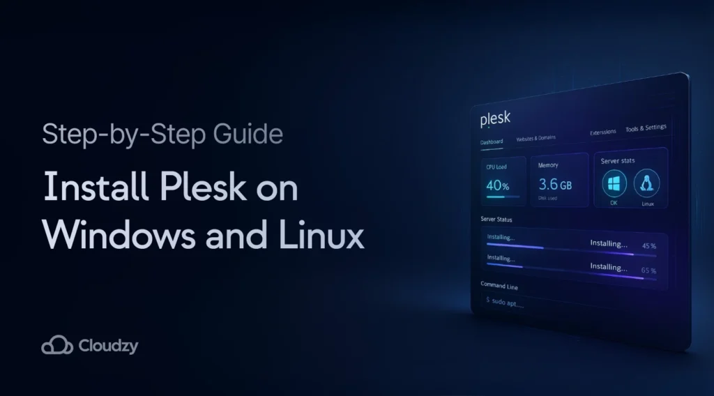A Plesk control panel dashboard showing installation progress for Windows and Linux servers. The interface displays CPU load at 40%, memory usage of 3.6 GB, and real-time installation status with progress bars and command-line prompts.