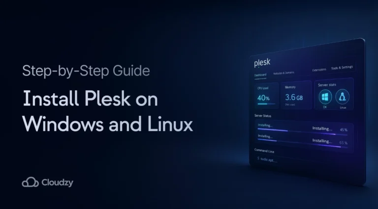 A Plesk control panel dashboard showing installation progress for Windows and Linux servers. The interface displays CPU load at 40%, memory usage of 3.6 GB, and real-time installation status with progress bars and command-line prompts.