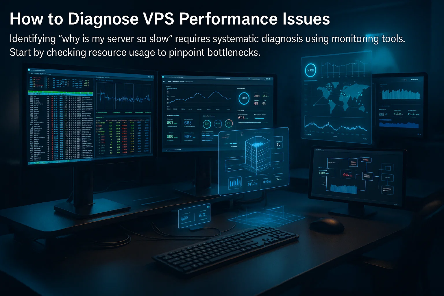 Multiple monitoring dashboards displaying VPS performance metrics, including CPU usage, memory consumption, disk I/O, network activity, and real-time performance graphs for diagnosing server bottlenecks.