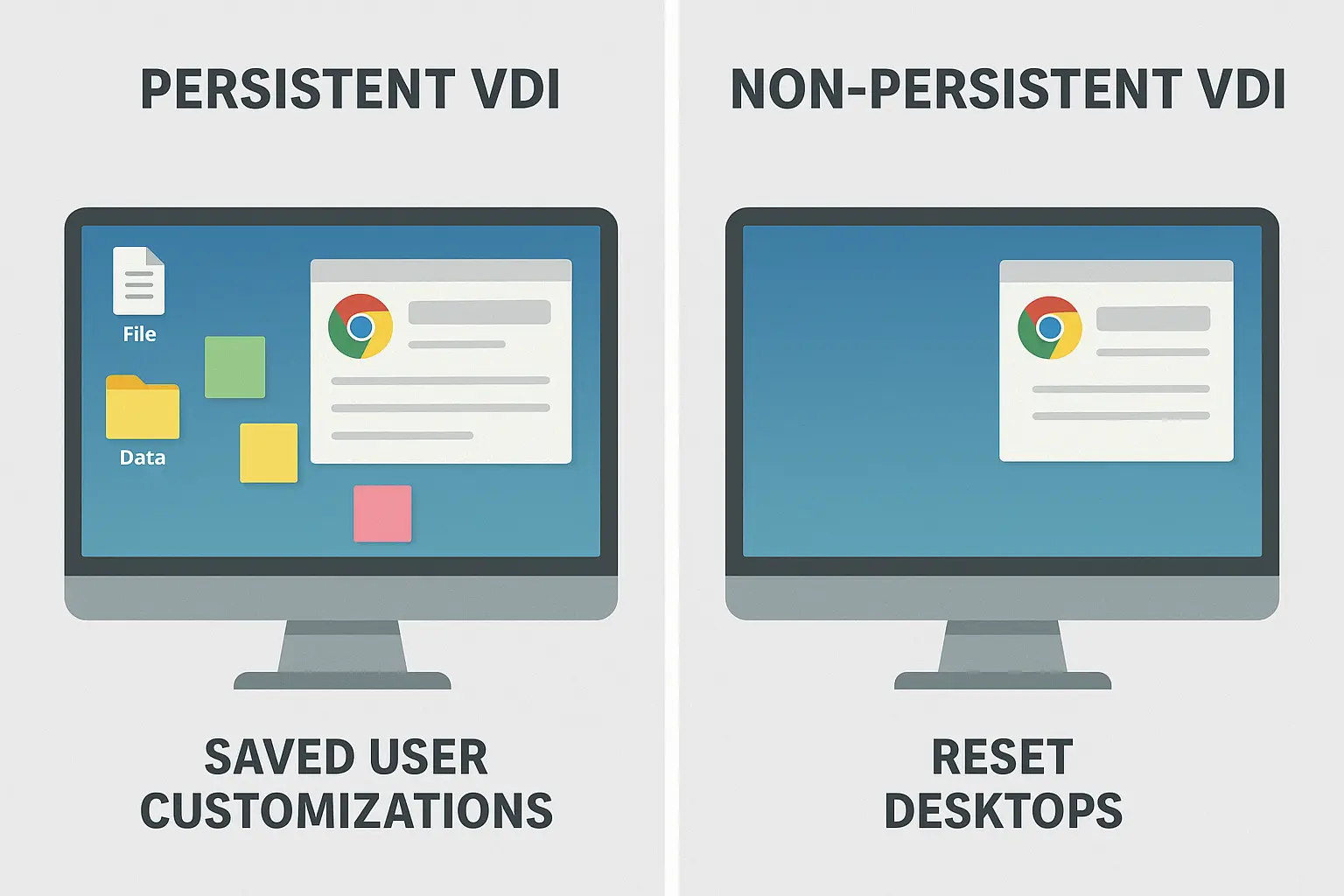 Choosing Your Remote Desktop Technology: VDI vs. RDP vs. RDS Explained 4 Split screen comparing persistent VDI with saved user customizations on the left and non-persistent VDI with reset desktops on the right.
