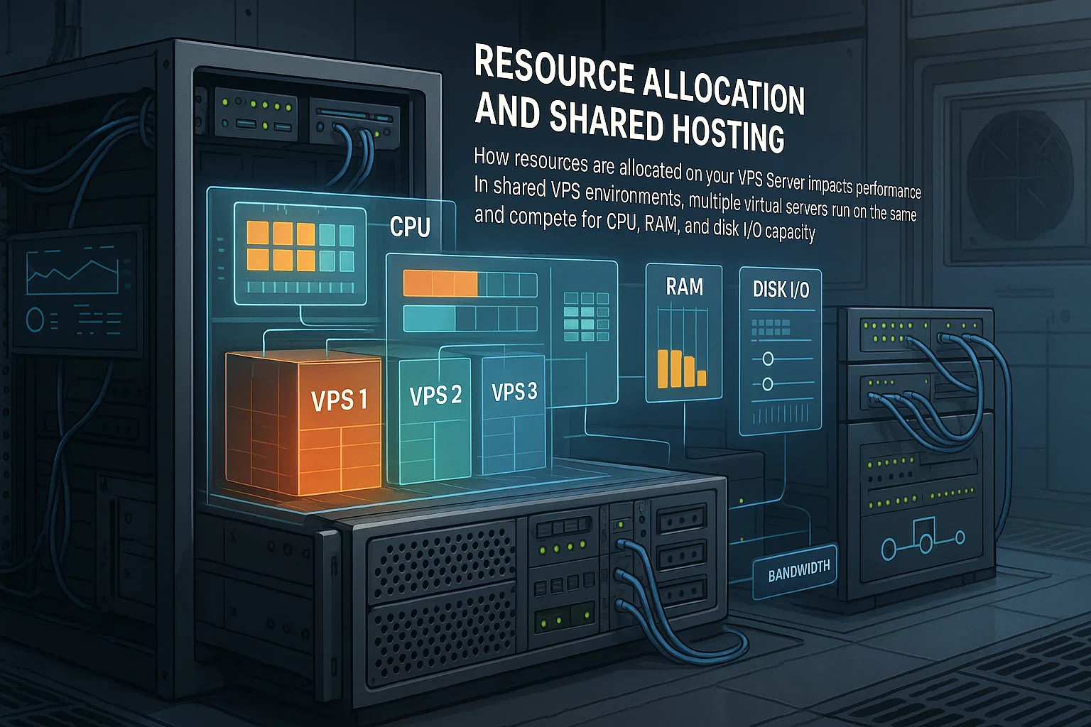 Diagram showing shared VPS hosting with multiple virtual servers competing for CPU, RAM, disk I/O, and bandwidth resources on a single physical server.
