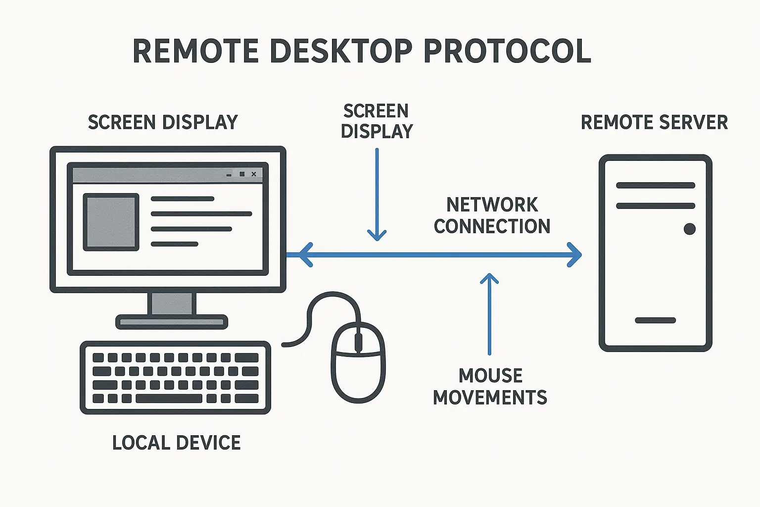Choosing Your Remote Desktop Technology: VDI vs. RDP vs. RDS Explained 6 Remote Desktop Protocol transmitting screen display, keyboard inputs, and mouse movements between the local device and the remote server over a network connection.