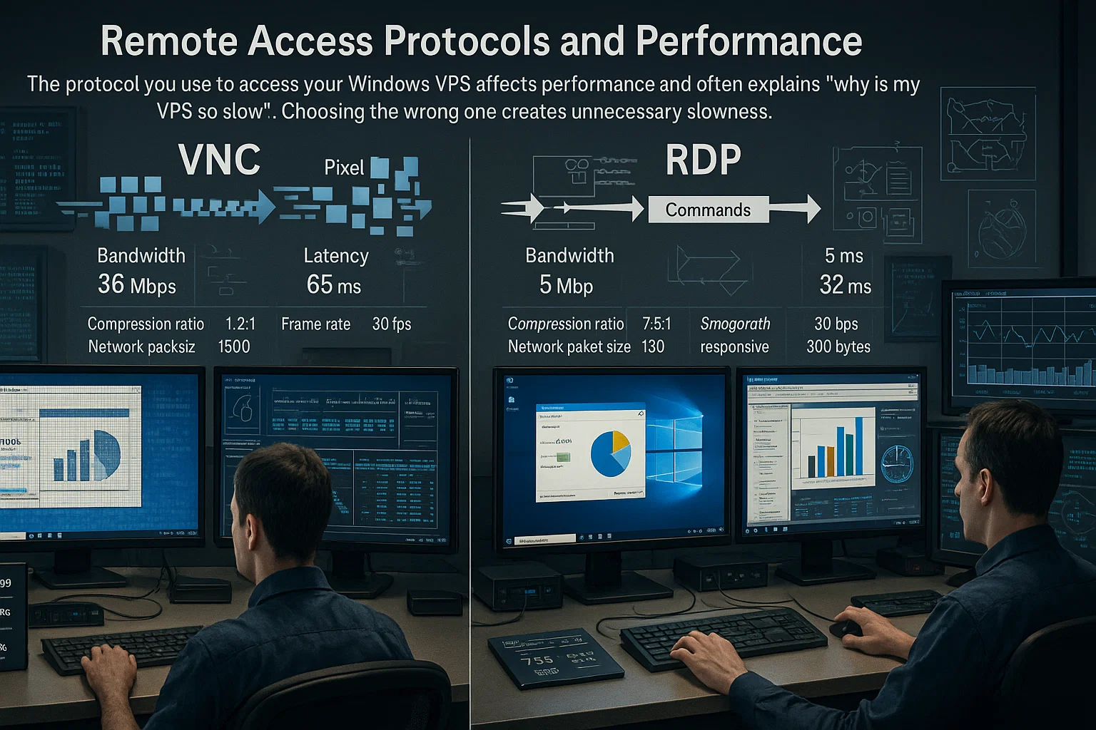 Comparison of VNC and RDP remote access protocols showing VNC uses 36 Mbps bandwidth with 65ms latency transmitting pixels, while RDP uses 5 Mbps bandwidth with 5ms latency transmitting commands for Windows VPS access.