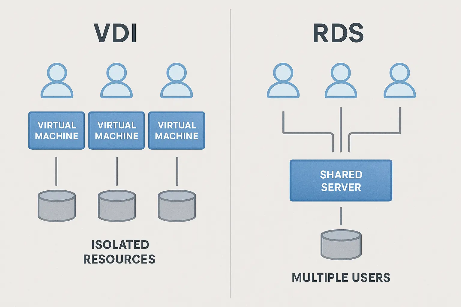 Choosing Your Remote Desktop Technology: VDI vs. RDP vs. RDS Explained 8 Side-by-side comparison showing VDI's dedicated virtual machines with isolated resources versus RDS's shared server environment with multiple users.