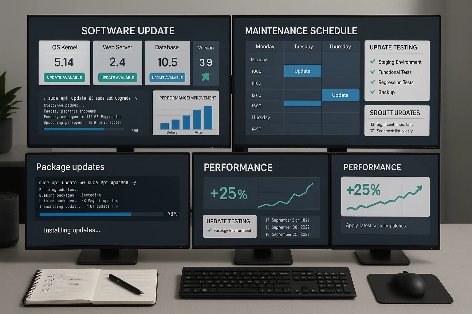 Software update and maintenance schedule dashboard showing OS kernel, web server, and database updates with testing procedures, maintenance calendar, and 25% performance improvement graph after applying security patches.
