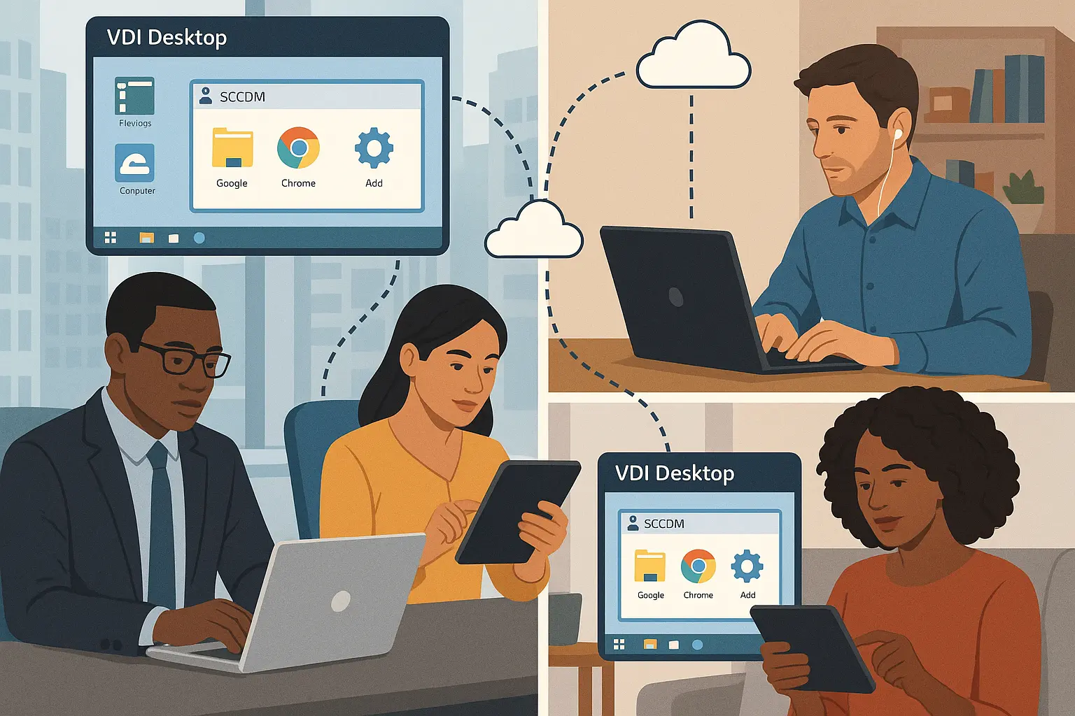 Choosing Your Remote Desktop Technology: VDI vs. RDP vs. RDS Explained 9 Diverse enterprise workers accessing personalized VDI desktops from various devices, including laptops and tablets, in office and remote locations.