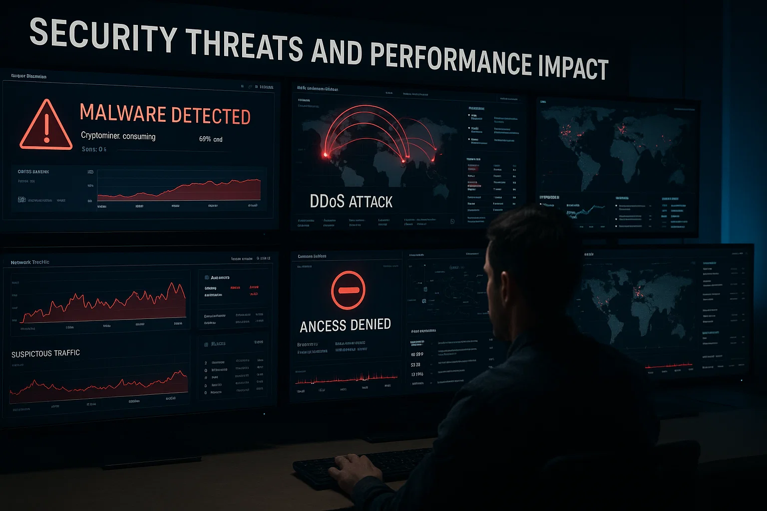 Security threat monitoring dashboard displaying malware detection with cryptominer consuming 69% CPU, DDoS attack traffic patterns, access denied alerts, and suspicious network activity impacting VPS performance.