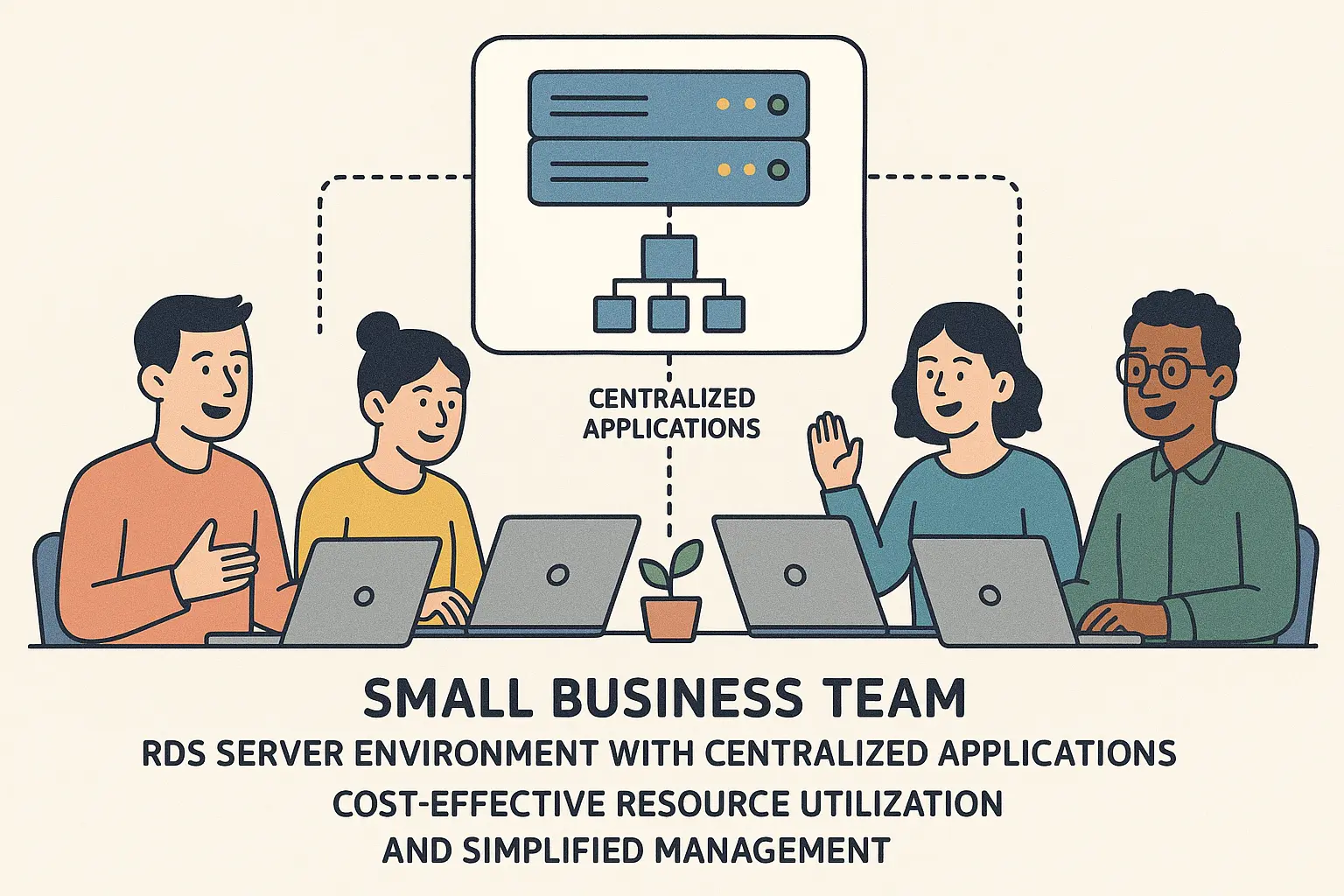 Choosing Your Remote Desktop Technology: VDI vs. RDP vs. RDS Explained 10 Small business team members sharing RDS server environment with centralized applications, showing cost-effective resource utilization and simplified management.