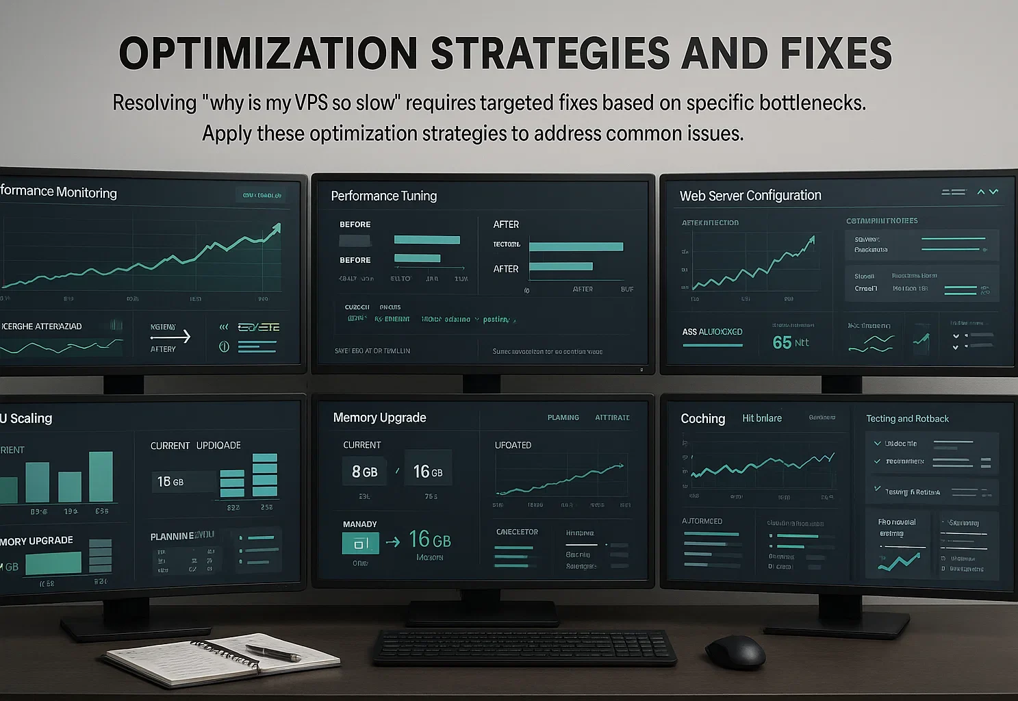 VPS optimization strategies dashboard showing performance monitoring graphs, performance tuning before/after comparisons, web server configuration improvements, CPU scaling options, memory upgrade from 8GB to 16GB, and caching with testing and rollback procedures.
