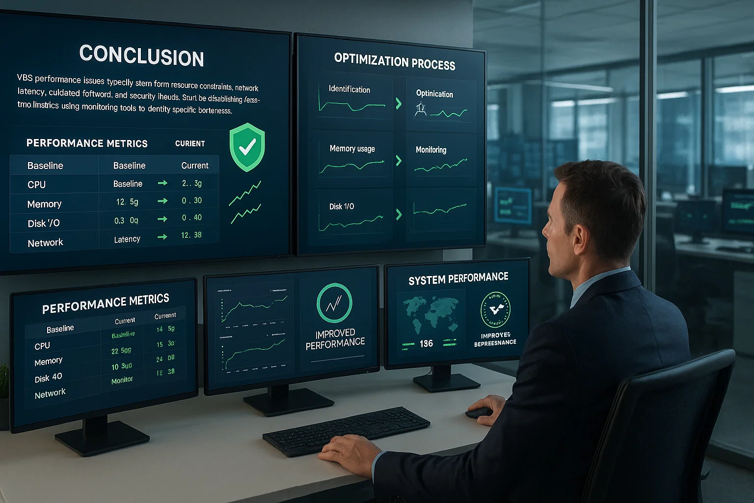 Conclusion dashboard showing VPS performance optimization process with identification, optimization, memory usage, monitoring, and disk I/O stages, displaying improved performance metrics with CPU, memory, disk, and network baseline comparisons and 136 system performance improvements.