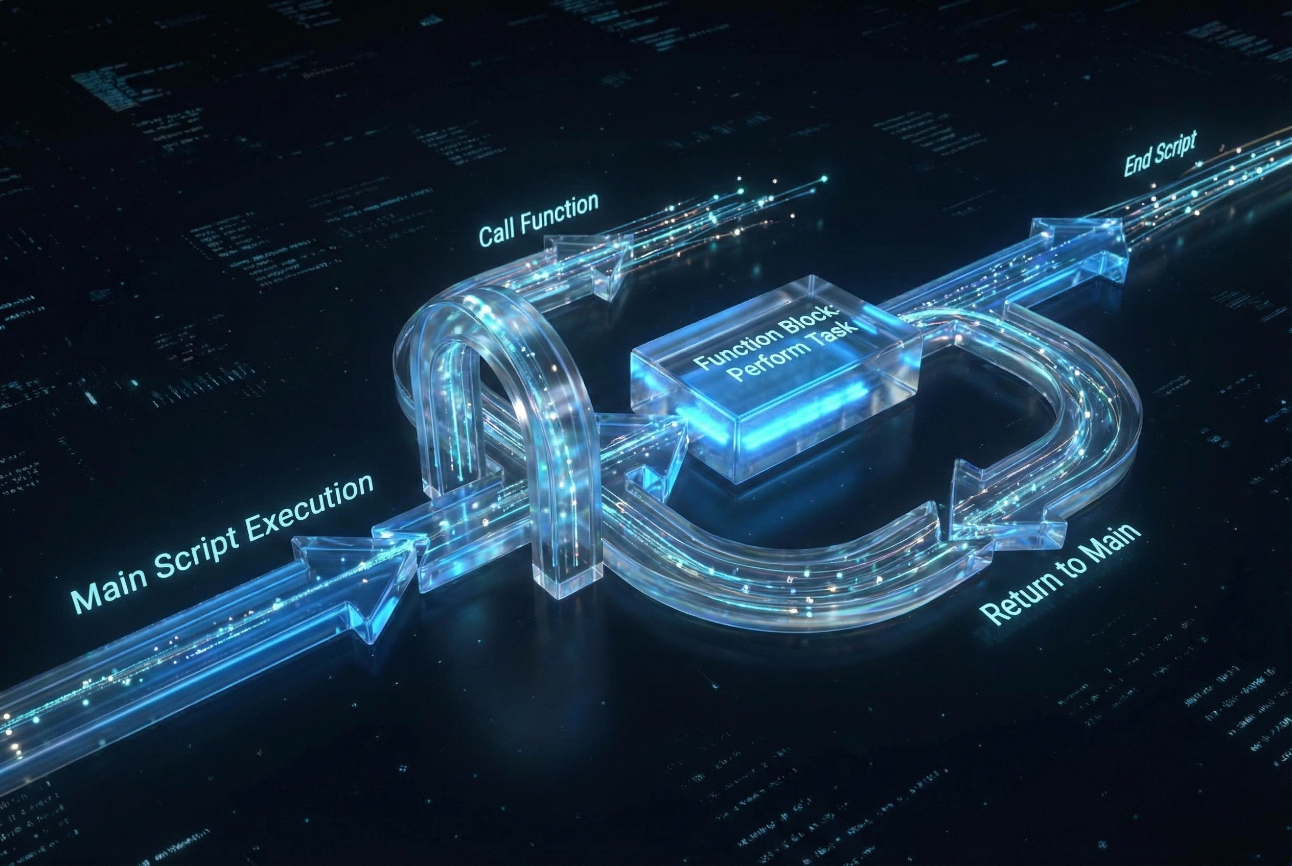 3D glass flow chart showing script execution branching into a function block and returning, visualizing how Bash functions are used in logic flow.