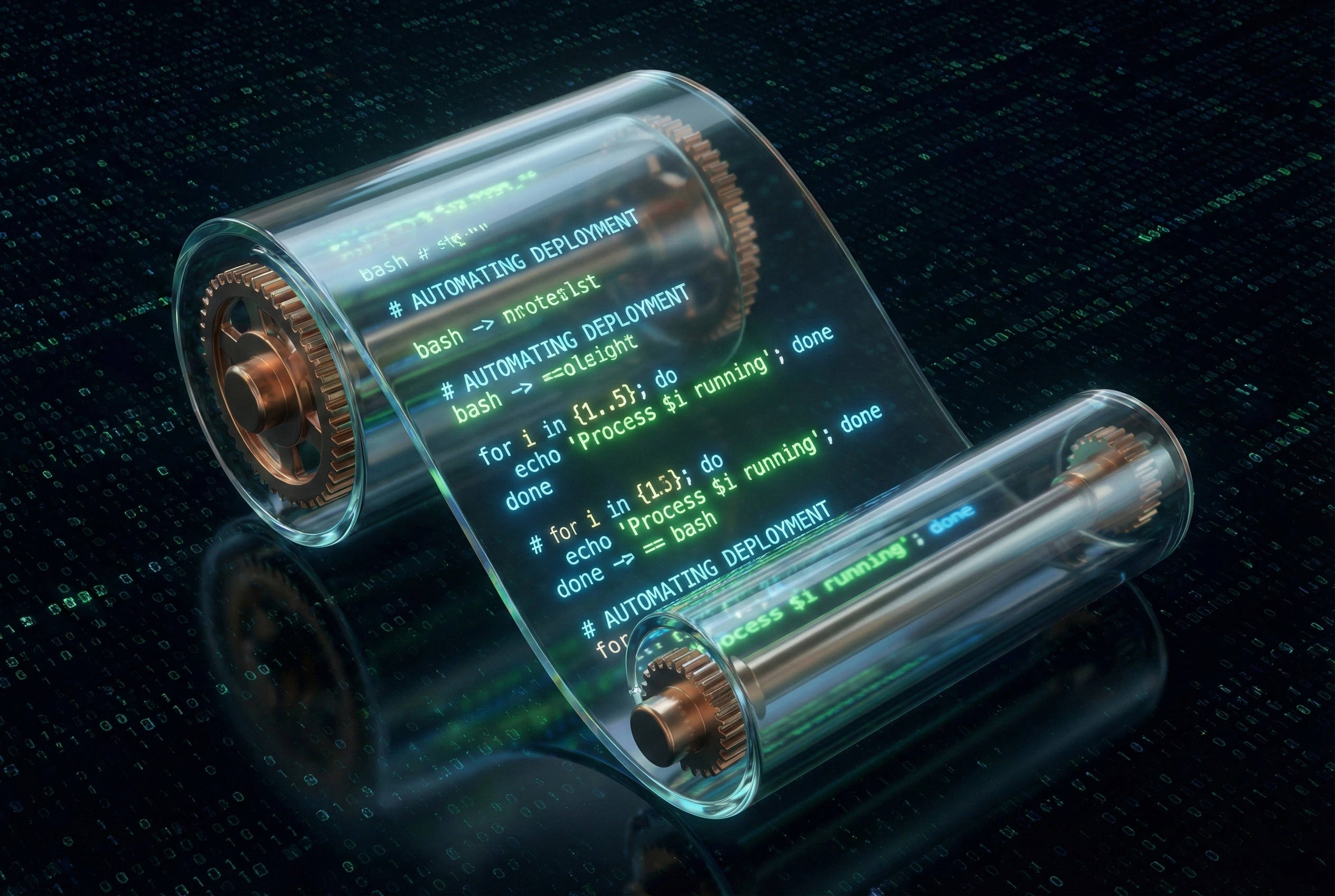 3D illustration of a digital scroll with glowing Bash code writing itself, representing the automation of Bash scripting.