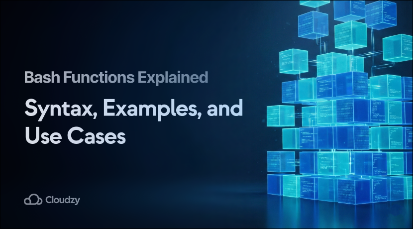 Abstract 3D illustration of glowing blue code blocks assembling into a modular structure, representing Bash functions