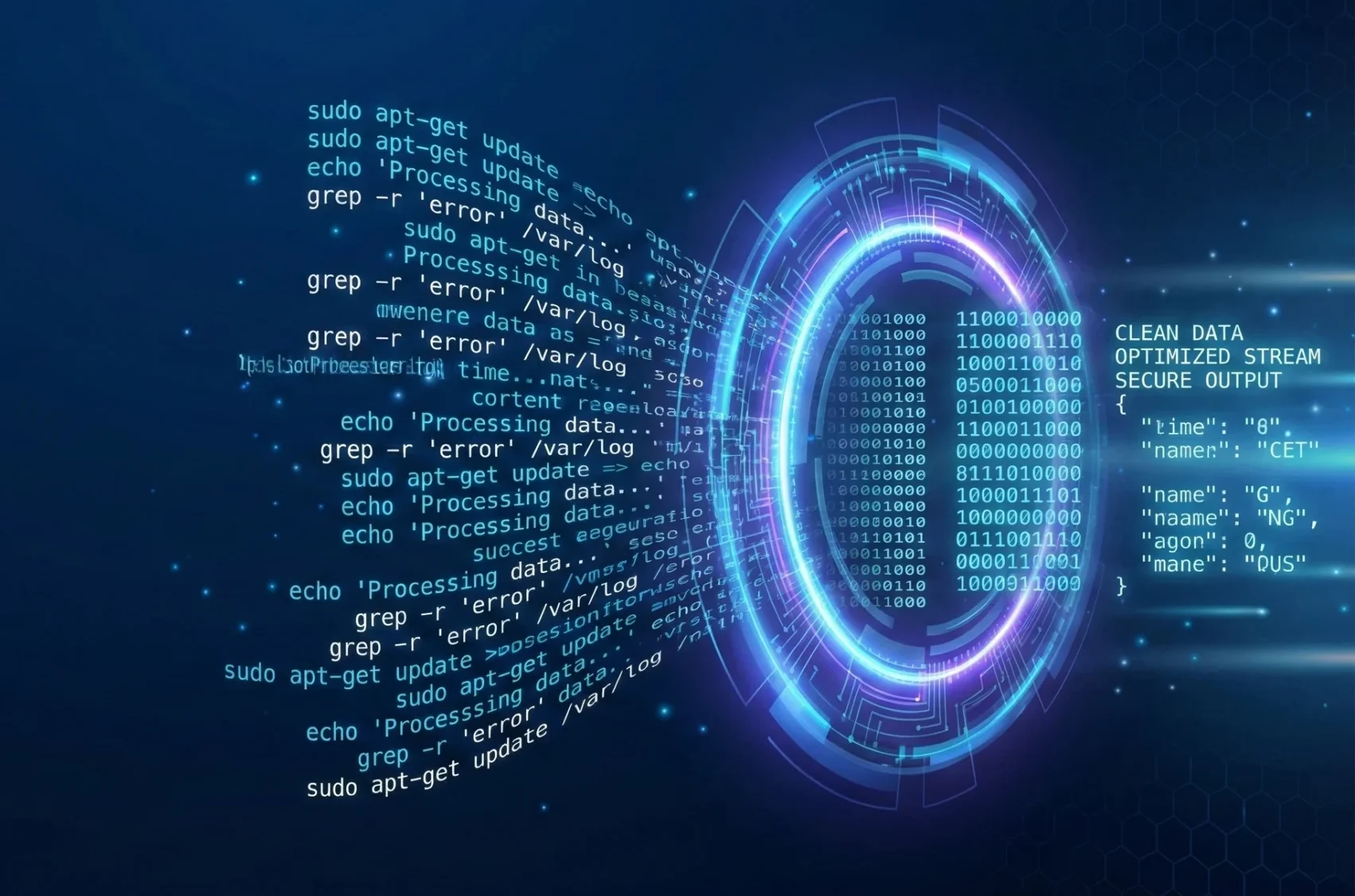 Futuristic digital illustration showing messy command line data being organized by a glowing processing gate, symbolizing how a Bash function works, with empty space on the left.