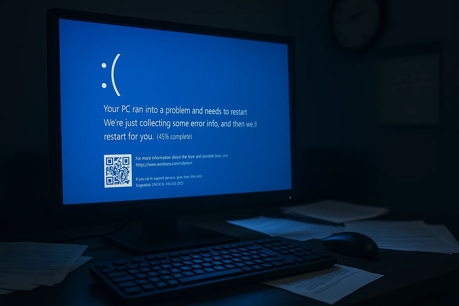 1 Dimly lit desk with a monitor showing a Windows blue screen of death (Kernel Security Check Failure), keyboard, mouse, and scattered papers.