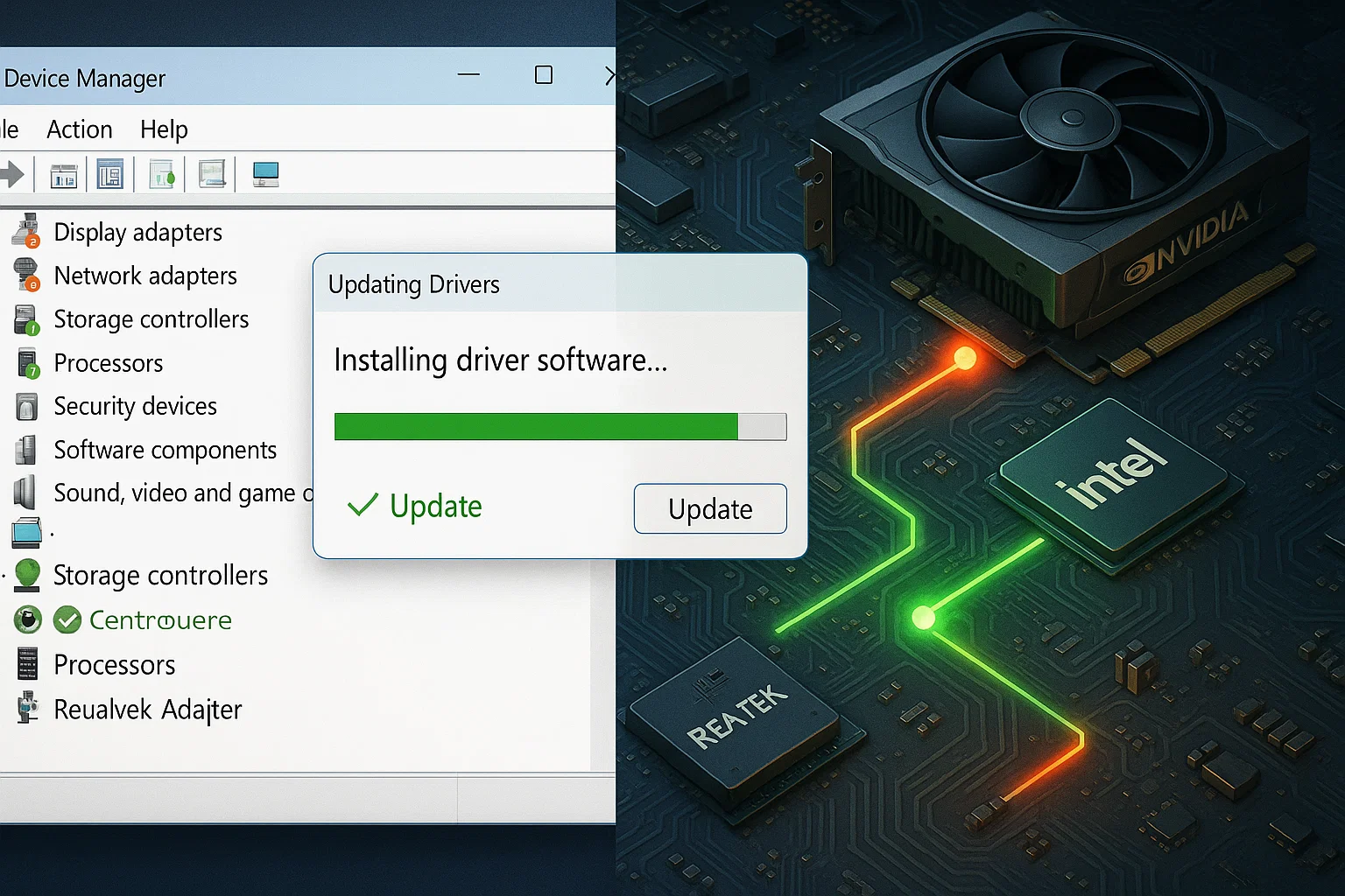 10 1 Windows Device Manager installing drivers with a progress dialog showing "Update" complete. The right side displays stylized computer hardware imagery featuring NVIDIA GPU, Intel processor, and Realtek chip on circuit boards with glowing accents.
