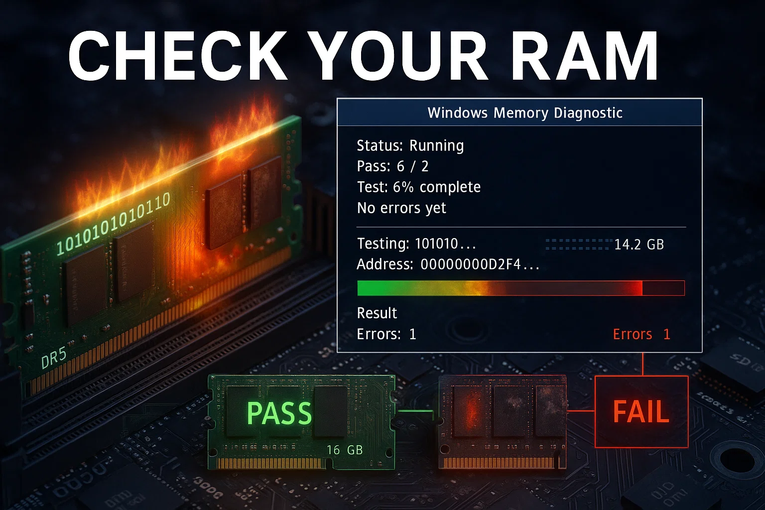 11 Windows Memory Diagnostic running RAM test at 6% complete, showing 1 error found on 14.2 GB memory. Image displays DDR5 modules with visual indicators for passing (green, 16GB) and failing (red) RAM sticks.