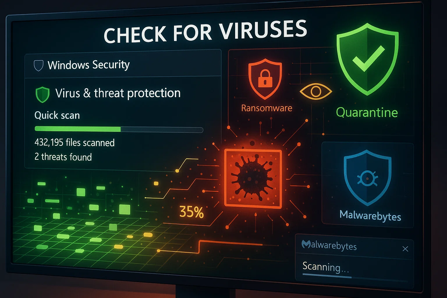 13 Windows Security quick scan showing 432,195 files scanned with 2 threats found. Visual displays ransomware detection at 35%, quarantine shield, and the Malwarebytes scanning interface. Multiple security icons and threat visualization graphics are present.