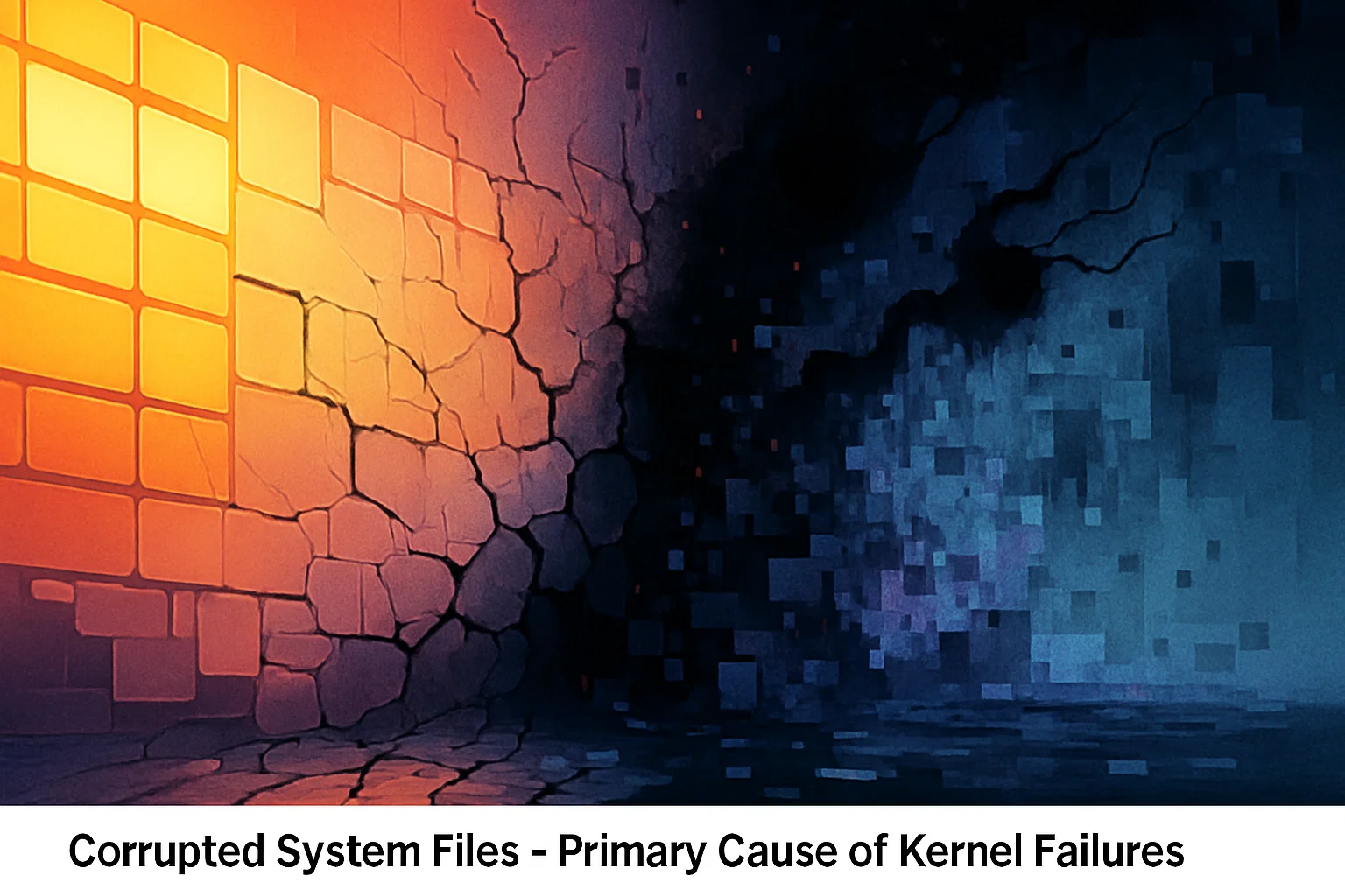 3 Abstract cracked wall dividing warm orange tiles and blue pixelated blocks, illustrating corrupted system files causing kernel failures.