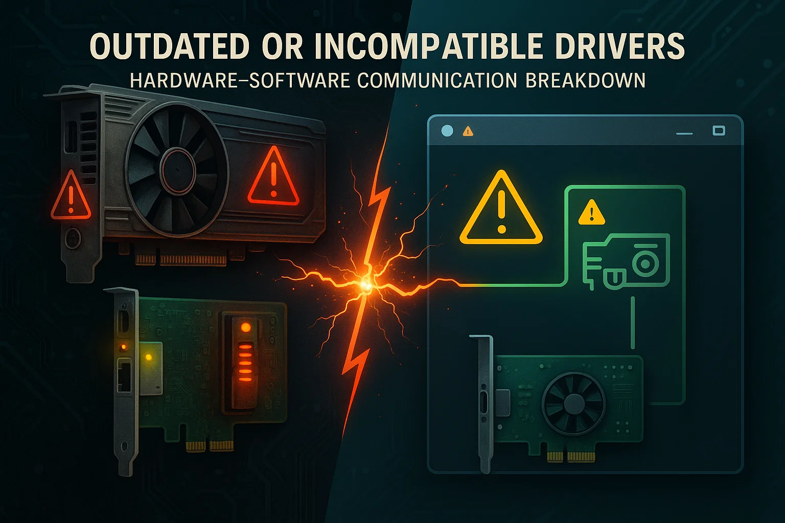 4 1 Graphic showing a GPU and expansion cards split by a lightning strike, with warning icons and text "Outdated or Incompatible Drivers" illustrating a hardware–software communication breakdown.