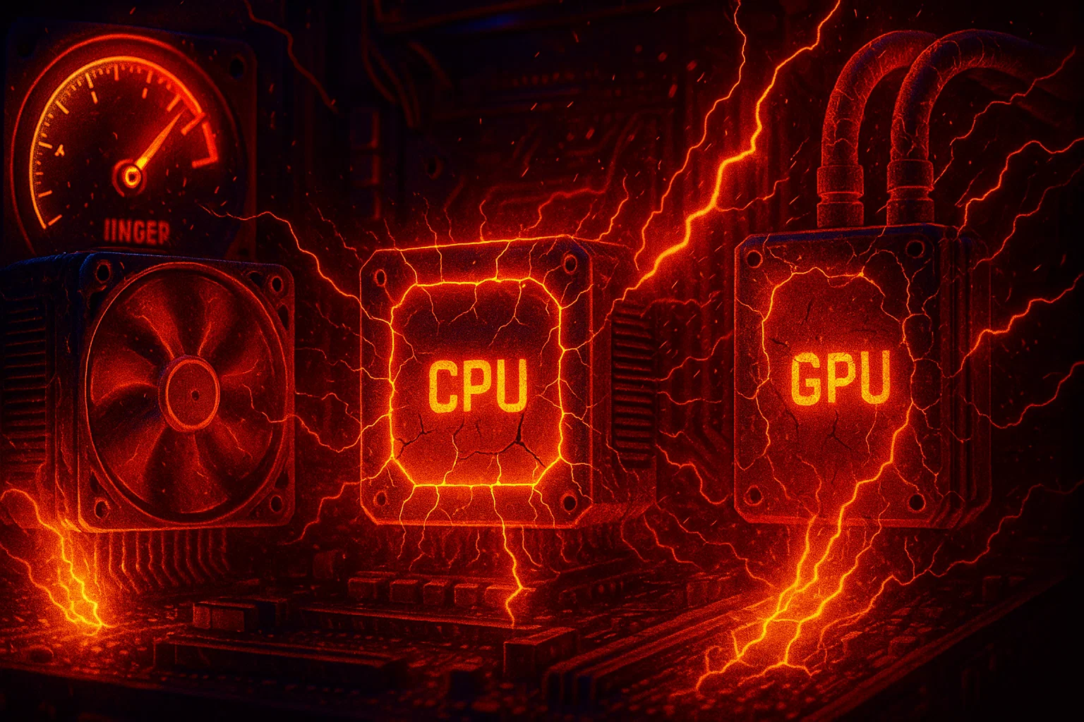 7 Red-hot stylized motherboard with glowing "CPU" and "GPU" modules, electric arcs, and a cooling fan, illustrating overheating and hardware stress.