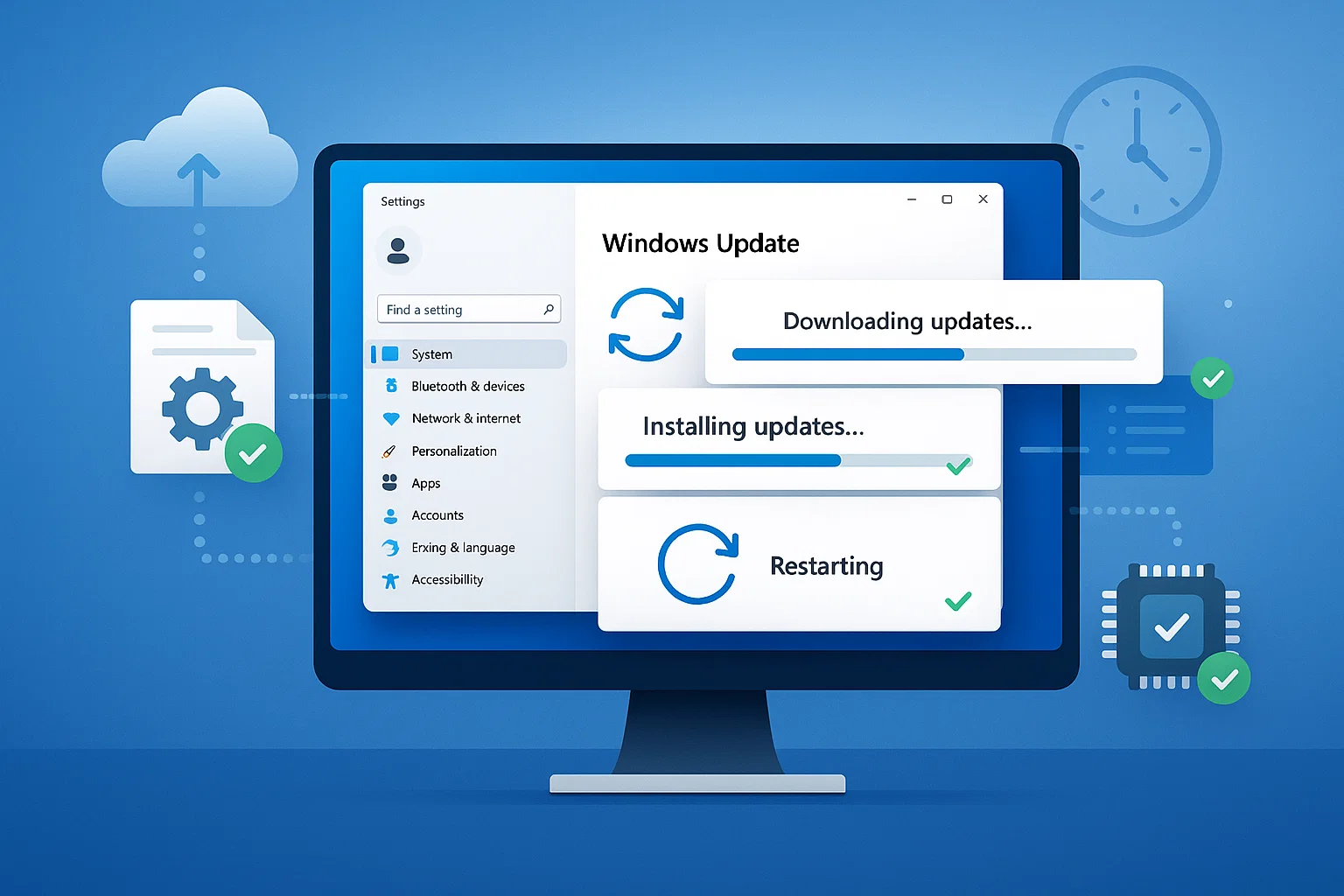 9 Monitor showing Windows Update screen with progress bars for downloading, installing, and restarting, plus cloud and chip icons with checkmarks on a blue background.