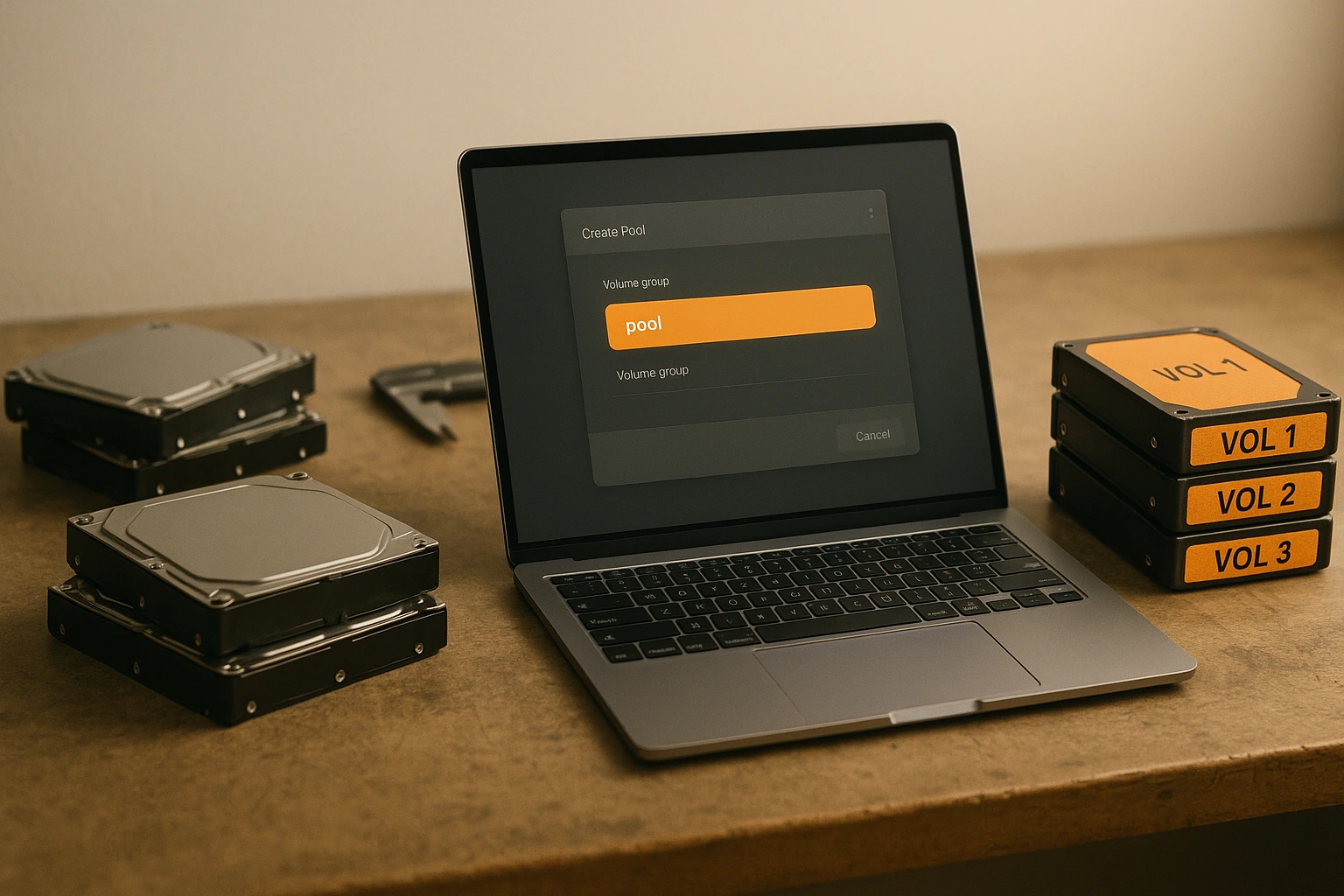Linux LVM Mount Commands: Create and Mount LVM on Ubuntu and CentOS 8 Digital workbench scene showing raw drives being processed into a volume group, then refined into finished logical volumes.