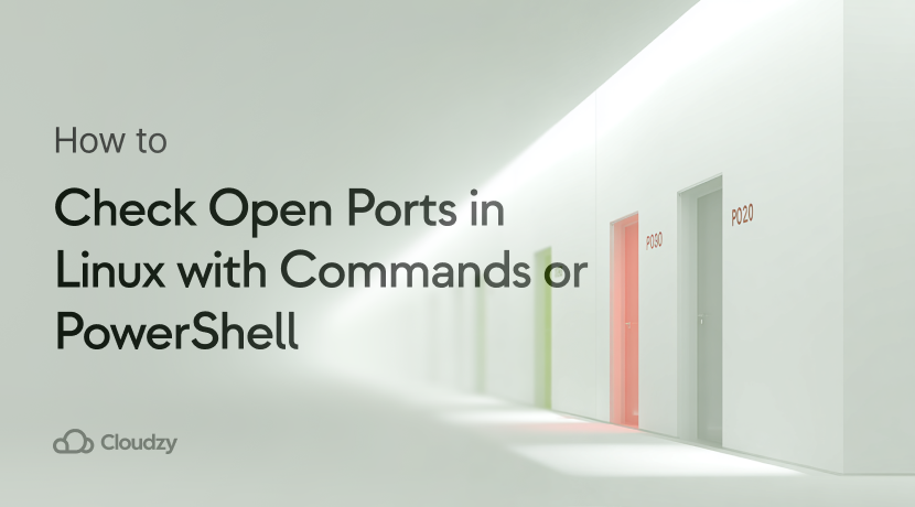 A digital corridor with numbered port "doorways" on the right, one open and one closed, symbolizing the answer to "how to check open ports in Linux for vulnerabilities?"