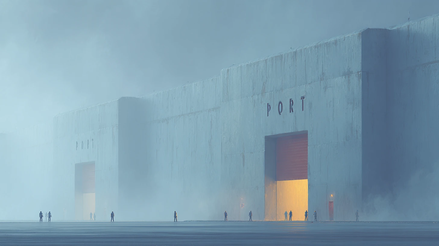 A fortress wall with numbered port gates, one of which is open and vulnerable, symbolizing the security risks of open ports.